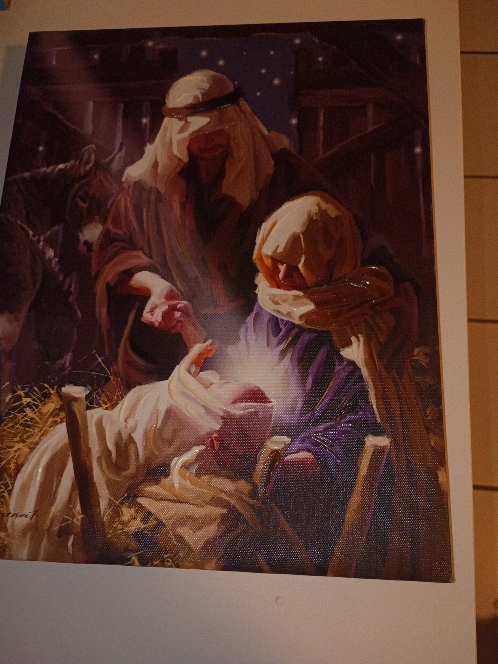 Religious Nativity Canvas Art Print - Brown, Purple, White